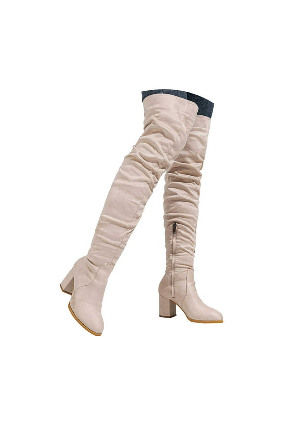 Womens Over the knee Thigh High Boots Suede Chunky Block Heel Pull on Side Zipper Boots