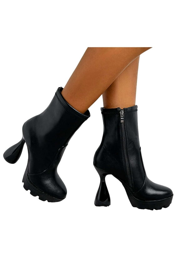 Womens Platform Booties Elastic Gogo Ankle Boots Fashion High Heel Round Toe Mid Calf Boots