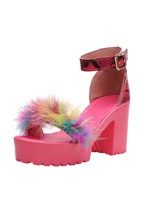 Womens Platform Heels High Heels Sandals Ankle Strap Fluffy Band Open Toe Dress Shoes