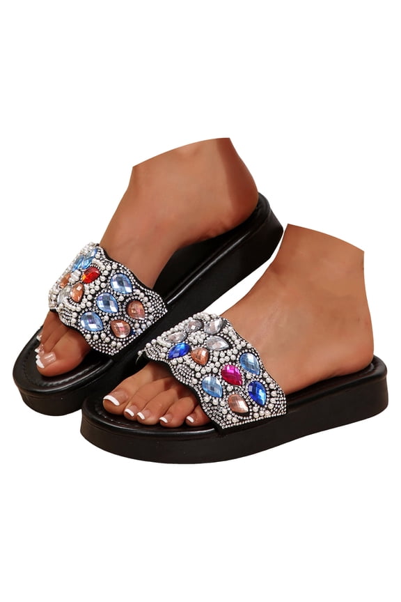 Womens Platform Sandals Glitter Rhinestone Slip on Shoes Slides Dress Shoes