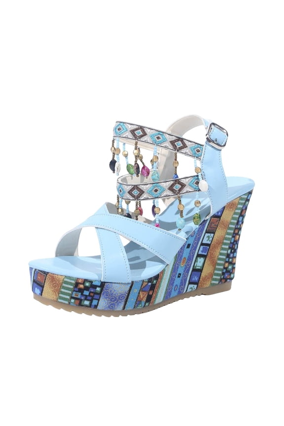 Womens Platform Sandals Trendy Bohemia Jewelly Tassel Wedges Ankle Strap High Heels
