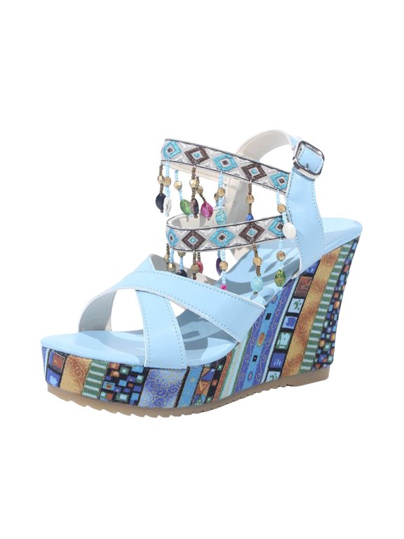 Womens Platform Sandals Trendy Bohemia Jewelly Tassel Wedges Ankle Strap High Heels