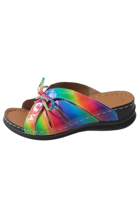 Womens Rainbow Bow Tie Wedge Sandals Open Toe Hollow out Vacation Summer Casual Slides