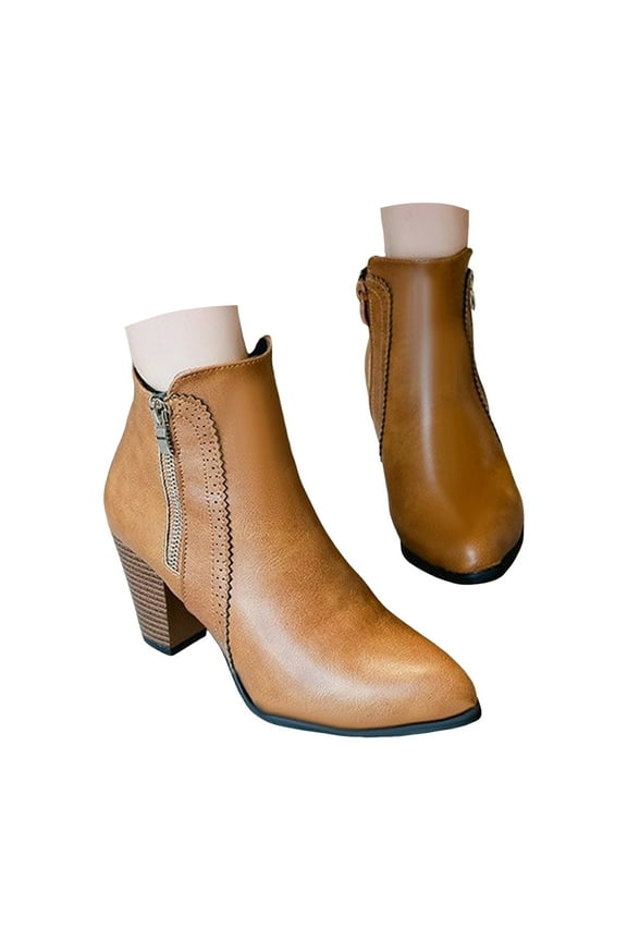 Womens Round Toe Ankle Boots Stacked Heel Booties Retro Side Zipper Short Boots