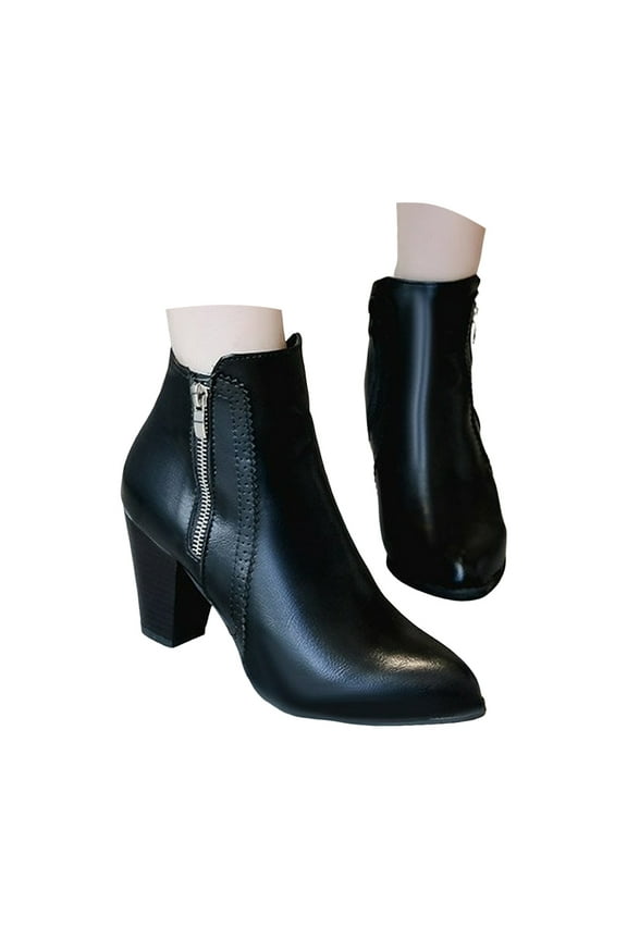 Womens Round Toe Ankle Boots Stacked Heel Booties Retro Side Zipper Short Boots