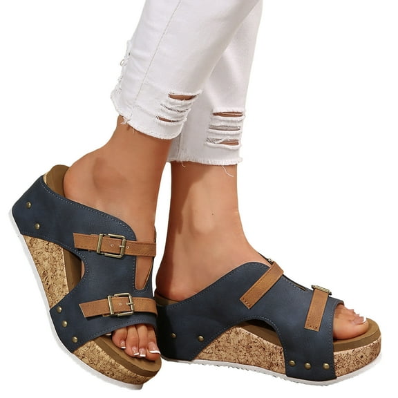 Mostsola Womens Sandals Buckle Strap Platform Cork Slippers Slip on Slides Wedge Sandals Clogs