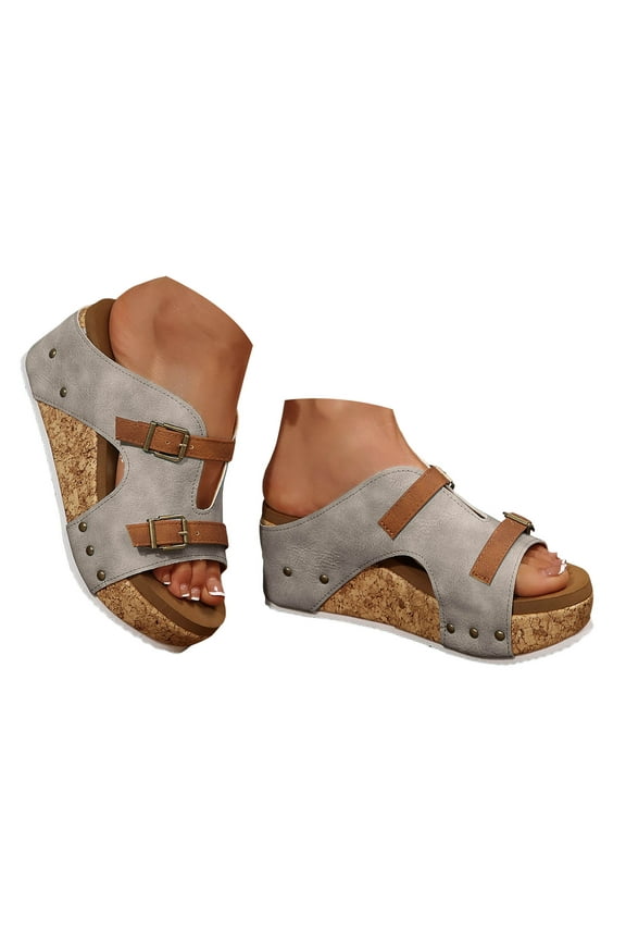 Womens Sandals Buckle Strap Platform Cork Slippers Slip on Slides Wedge Sandals Clogs