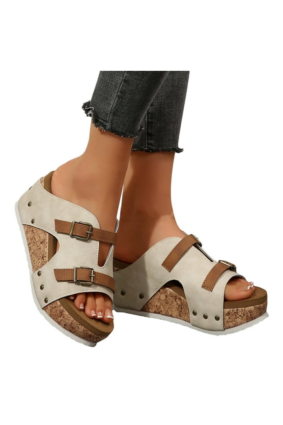 Womens Sandals Buckle Strap Platform Cork Slippers Slip on Slides Wedge Sandals Clogs
