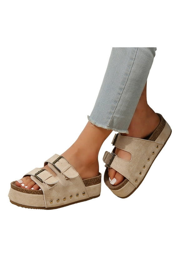 Cork Footbed Sandals for Women Comfortable Cushion Double Buckle Slip on Platform Slides