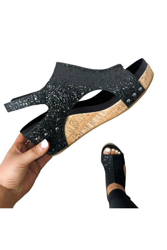 Womens Sandals Cork Footbed Wedges Heels Open Toe Retro Hook and Loop Platform Sandals