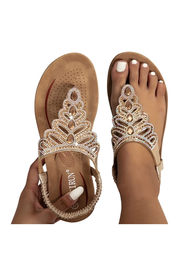 Womens Sandals Memory Foam Comfortable Rhinestone Flip Flops Boho Flats Elastic Ankle Strap