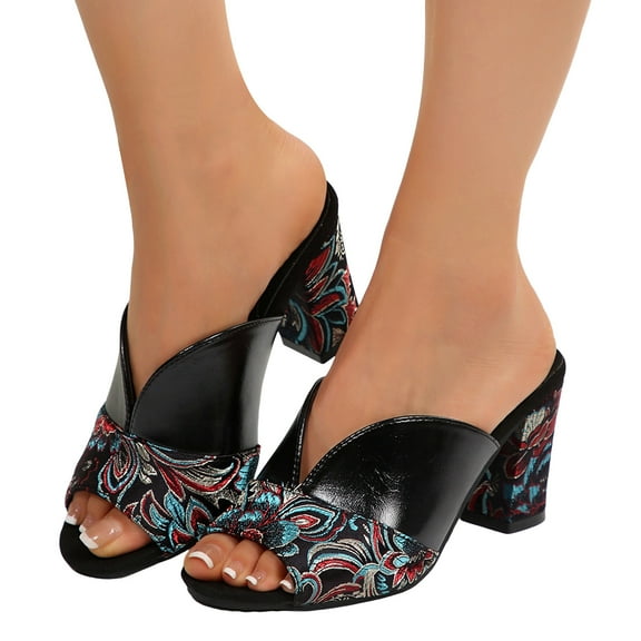 Mostsola Womens Sandals Open Toe Heels Retro Embroidery Backless Slippers Slip on Slides Pumps