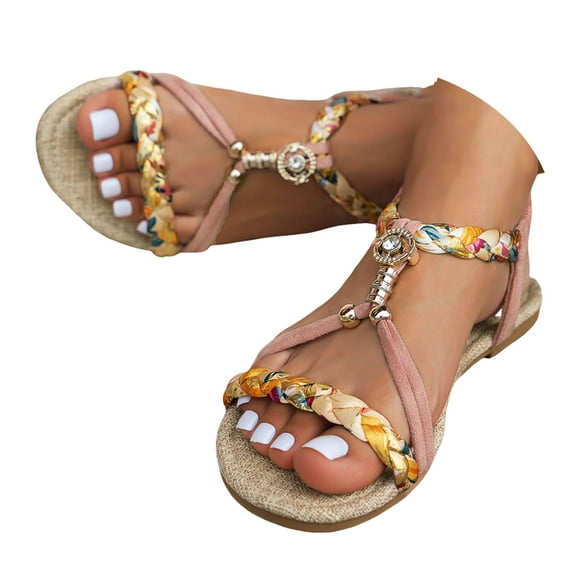 Mostsola Womens Sandals Open Toe Slingback Flats Summer Beach Shoes Braided Strap Beaded Sandals