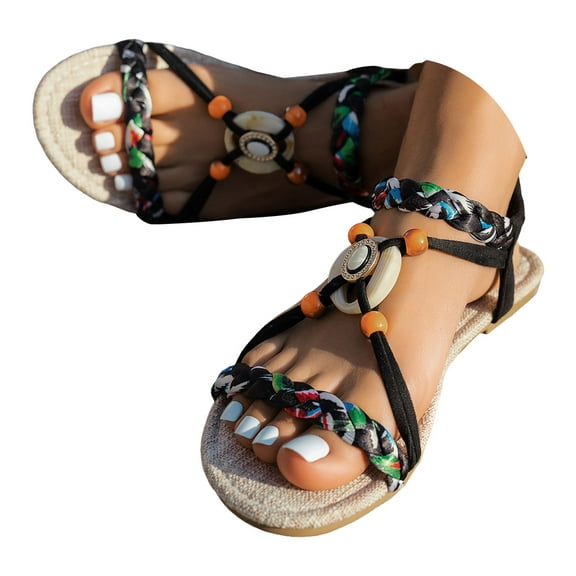 Mostsola Womens Sandals Open Toe Slingback Flats Summer Beach Shoes Braided Strap Beaded Sandals