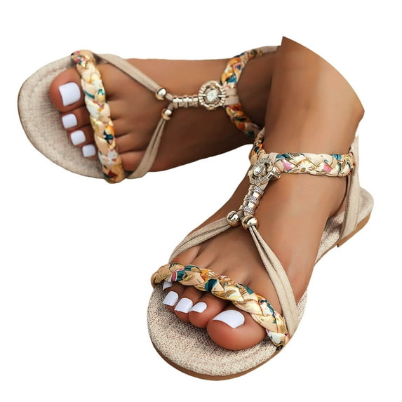 Mostsola Womens Sandals Open Toe Slingback Flats Summer Beach Shoes Braided Strap Beaded Sandals