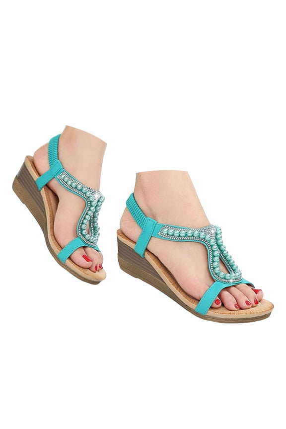 Womens Sandals Rhinestone Beaded Wedges Heels Breathable Comfortable Slingback Beach Shoes