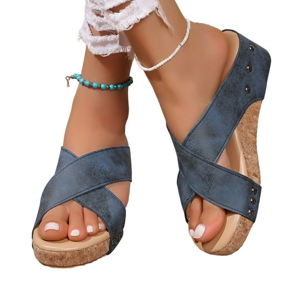 Mostsola Womens Sandals Slip on Slides Criss Cross Strap Platform Wedge Sandals Cork Footbed Slipper