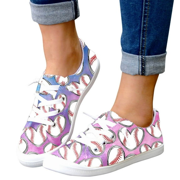 Mostsola Womens Sneakers Baseball Print Lace up Flats Shoes Lightweight Casual Canvas Shoes