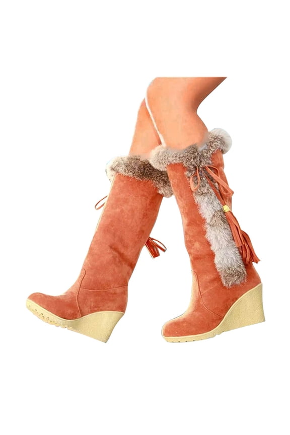 Womens Snow Boots Suede Plush Winter Warm Mid Calf Boot Lace up Fringe Wedges Heels