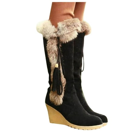 Mostsola Womens Snow Boots Suede Plush Winter Warm Mid Calf Boot Lace up Fringe Wedges Heels