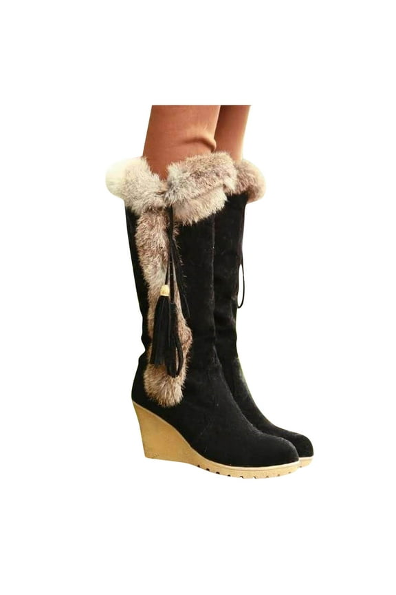Womens Snow Boots Suede Plush Winter Warm Mid Calf Boot Lace up Fringe Wedges Heels
