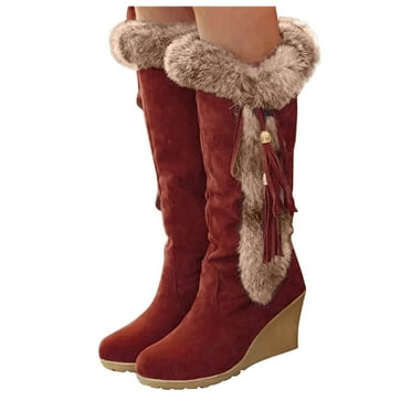 Mostsola Womens Snow Boots Suede Plush Winter Warm Mid Calf Boot Lace up Fringe Wedges Heels