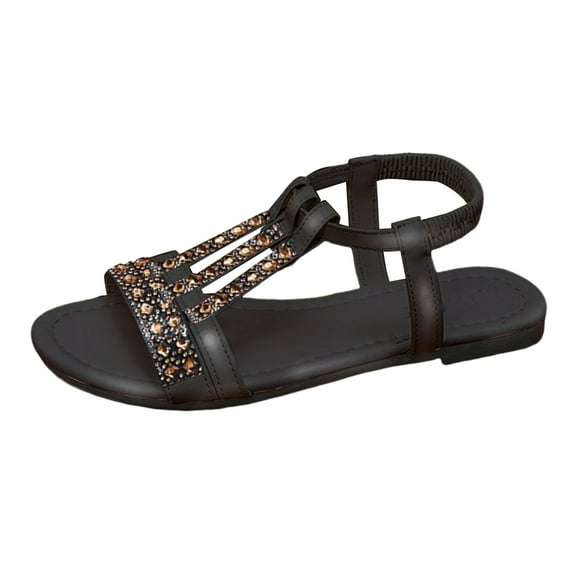Mostsola Womens T-Strap Sandals Rhinestone Flat Sandals Open Toe Elastic Ankle Strap Beach Shoes