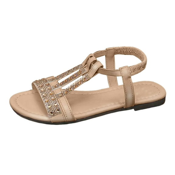 Mostsola Womens T-Strap Sandals Rhinestone Flat Sandals Open Toe Elastic Ankle Strap Beach Shoes
