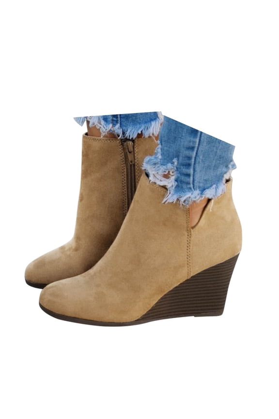Womens Wedge Boots Casual Fashion Zip up Low Heel Ankle Boots Suede Pumps Shoes Booties