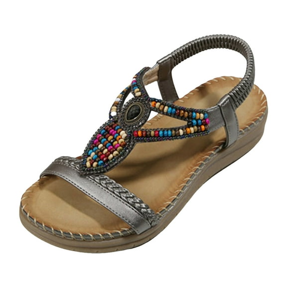 Mostsola Womens Wedge Sandals Boho Beaded Dressy Beach Shoes Elastic Slingback Open Toe Sandals