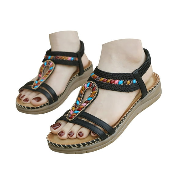 Mostsola Womens Wedge Sandals Boho Beaded Dressy Beach Shoes Elastic Slingback Open Toe Sandals
