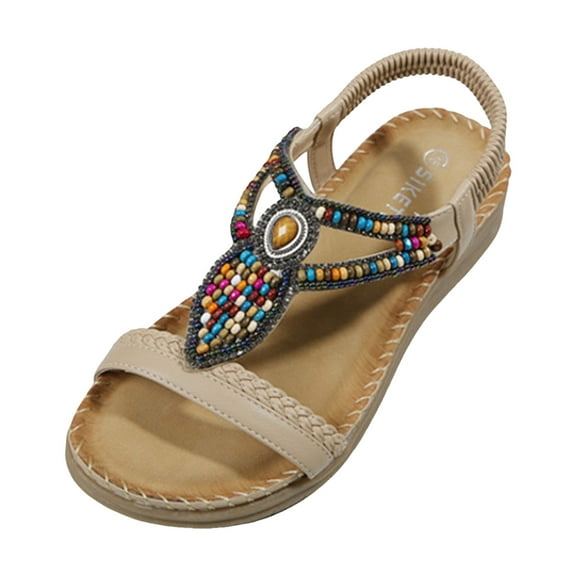 Mostsola Womens Wedge Sandals Boho Beaded Dressy Beach Shoes Elastic Slingback Open Toe Sandals