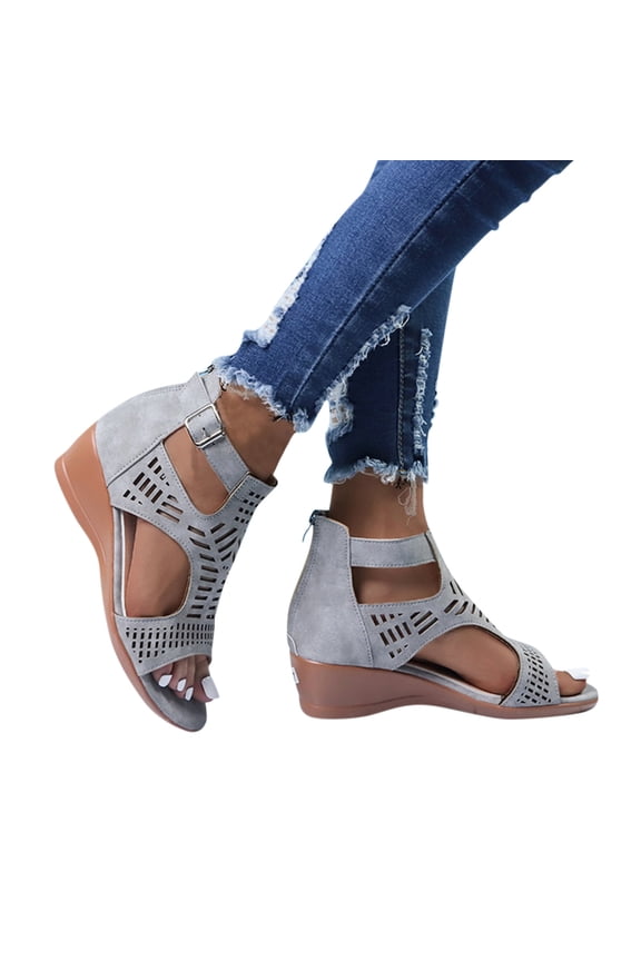 Womens Wedge Sandals Peep Toe Hollow Out Summer Ankle Booties Ankle Strap Buckle Dress Shoe