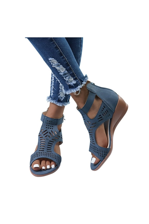 Womens Wedge Sandals Peep Toe Hollow Out Summer Ankle Booties Ankle Strap Buckle Dress Shoe