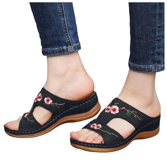 Mostsola Womens Wedge Sandals Summer Dressy Flower Embroidery Slip on Shoes Chunk Platform Slides