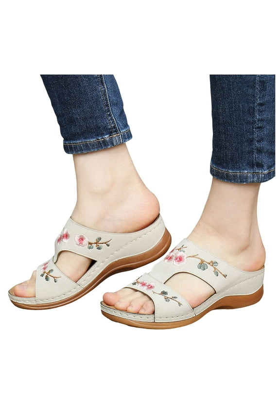 Womens Wedge Sandals Summer Dressy Flower Embroidery Slip on Shoes Chunk Platform Slides