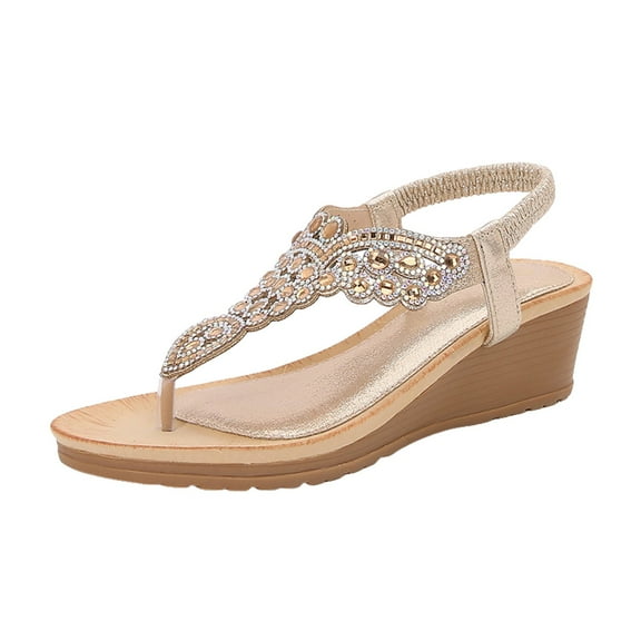 Mostsola Womens Wedge Sandals Summer Dressy Rhinestone T-Strap Flip Flops Heels Wedding Beach Shoes