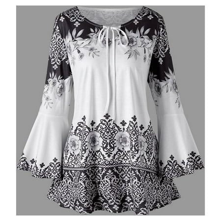 Mosunx Fashion Womens Plus Size Printed Flare Sleeve Tops Blouses Keyhole T-Shirts