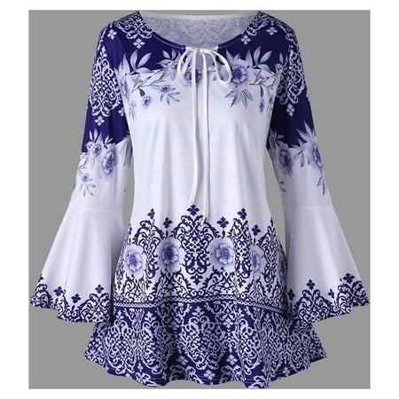 Mosunx Fashion Womens Plus Size Printed Flare Sleeve Tops Blouses Keyhole T-Shirts
