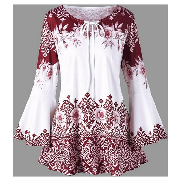 Mosunx Fashion Womens Plus Size Printed Flare Sleeve Tops Blouses Keyhole T-Shirts