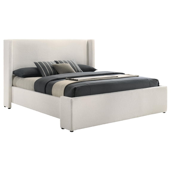 Benjara Mosy King Platform Bed- White Boucle Upholstered Wingback Headboard