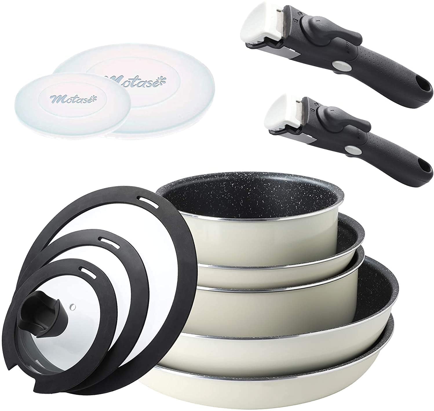 Steel Detachable Handle Pots and Pans - 3 Piece White Ceramic