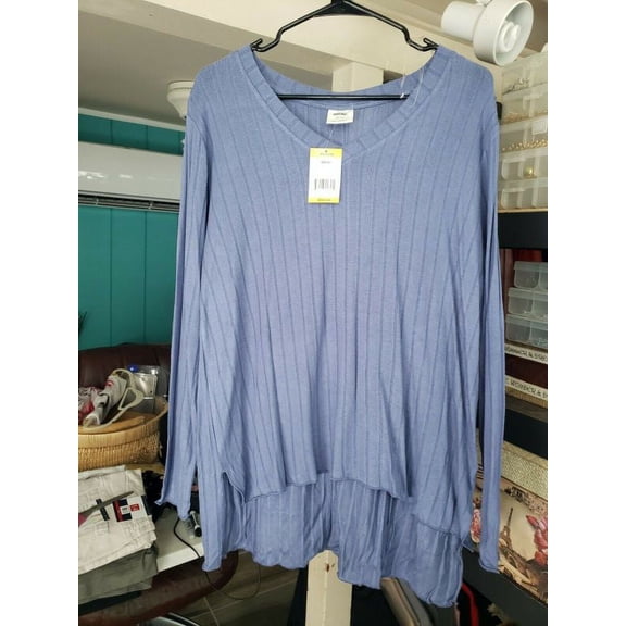 Mote Women's V-Neck Stretch Easy Care Warm Long Sleeve Ribbed Shirt (Denim Blue, S)