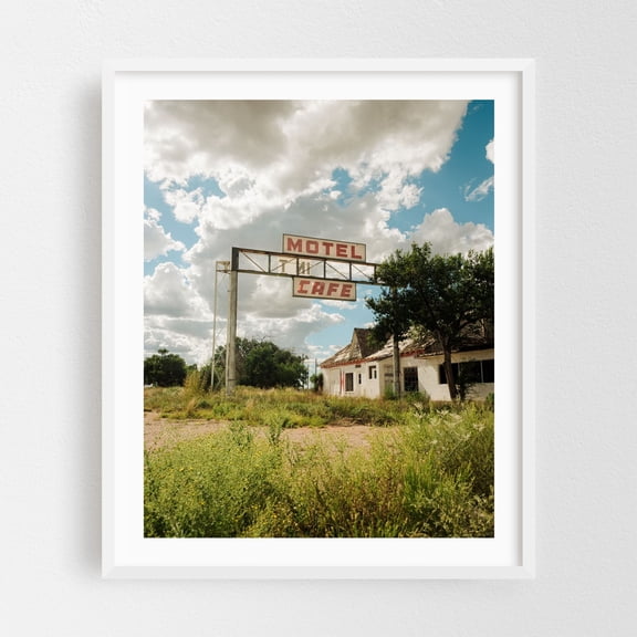 Motel & Cafe, Route 66 01 - New Mexico Photography Vintage Rural Rustic Abandoned Motel Travel Poster Architecture White Framed Wall Art Print 6 x 8 inches