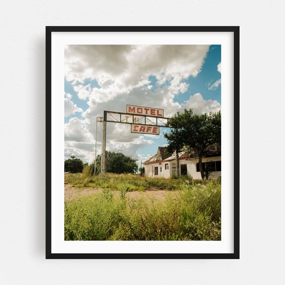 Motel & Cafe, Route 66 01 - New Mexico Photography Vintage Rural Rustic Motel Travel Poster Architecture Black Framed Wall Art Print 11 x 14 inches