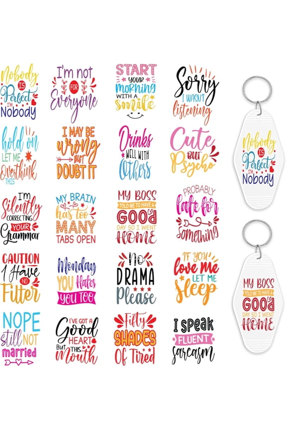 Motel Keychain UV DTF Stickers, 8 Sheets Sarcastic Quotes UV DTF Transfer Sticker Funny Humorous UV DTF Wraps for Hotel Keychain Waterproof UVDTF Stickers Transfers UV DTF Decals
