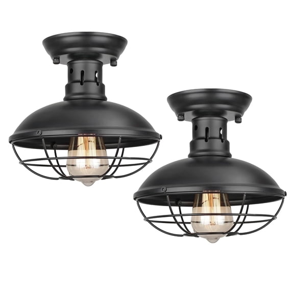FRIDEKO HOME 2 Pack Industrial Black Semi Flush Mount Ceiling Lights, 8.7", E26 Base, Farmhouse Ceiling Light Fixtures for Hallway Kitchen Porch Laundry Room (Without Bulb)