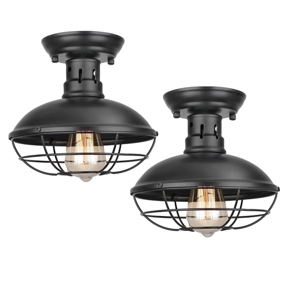 FRIDEKO HOME 2 Pack Industrial Black Semi Flush Mount Ceiling Lights, 8.7", E26 Base, Farmhouse Ceiling Light Fixtures for Hallway Kitchen Porch Laundry Room (Without Bulb)
