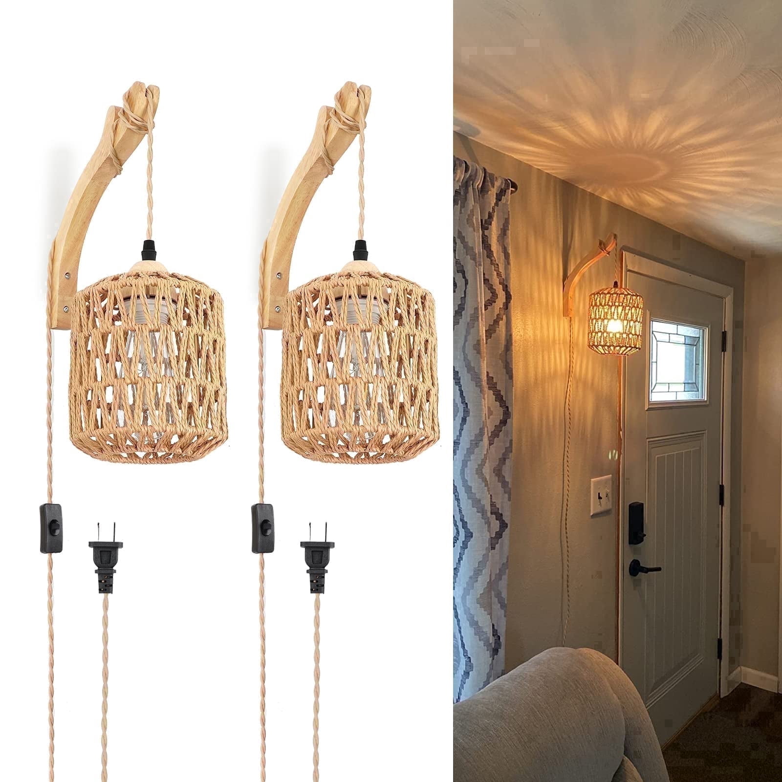FRIDEKO HOME 9.84ft Rattan Plug in Wall Sconces Set of 2, Hand Woven ...