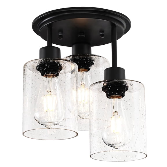 Motent 3-Light Rustic Black Matte Semi Flush Mount Ceiling Light with Clear Seeded Glass Shades for Bedroom